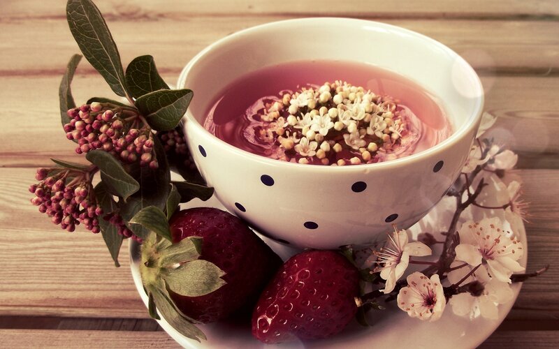 Tea with Flowers and Strawberries — White, Serene