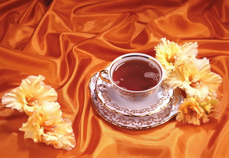 Tea with flowers on silk