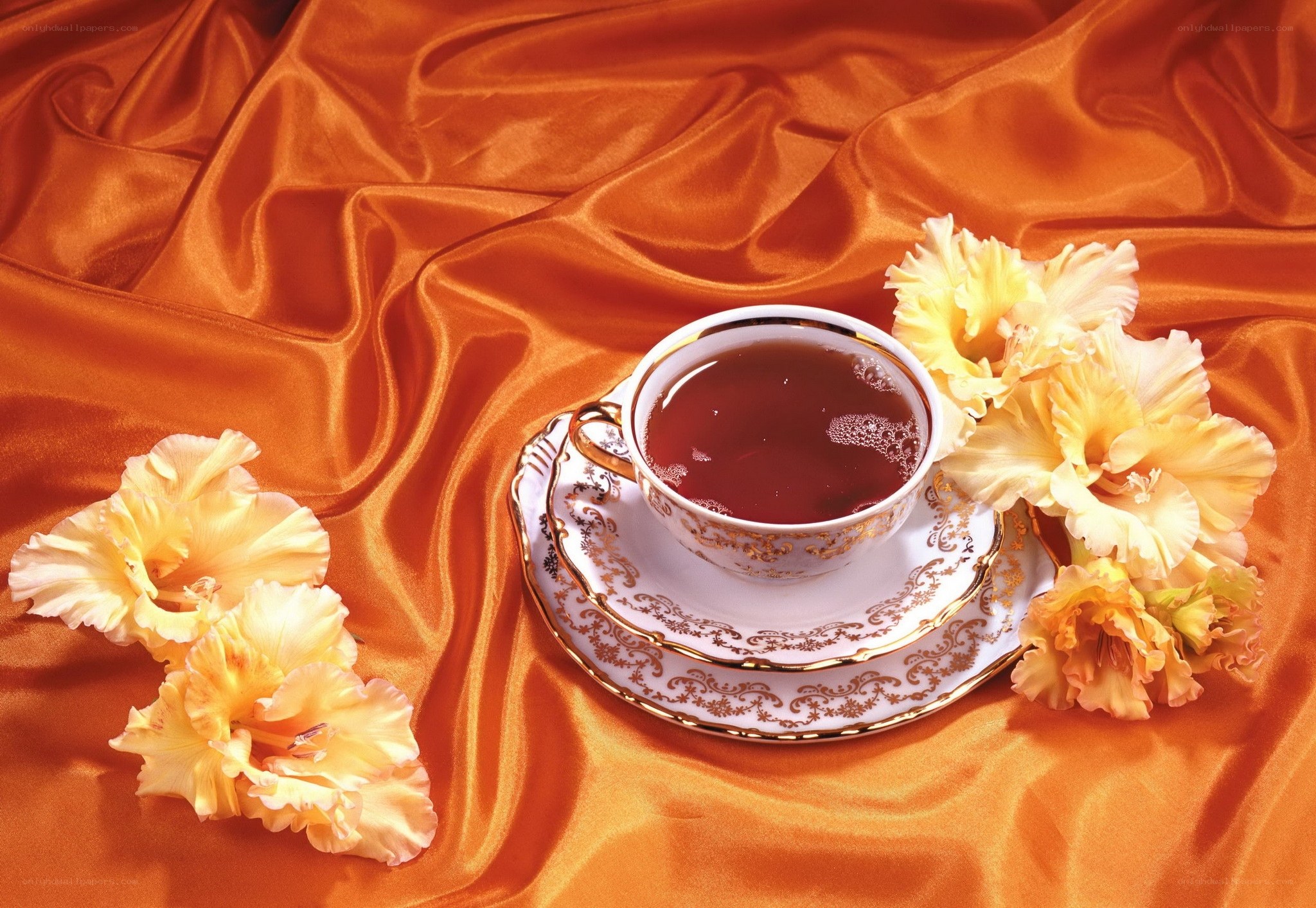 Tea with flowers on silk