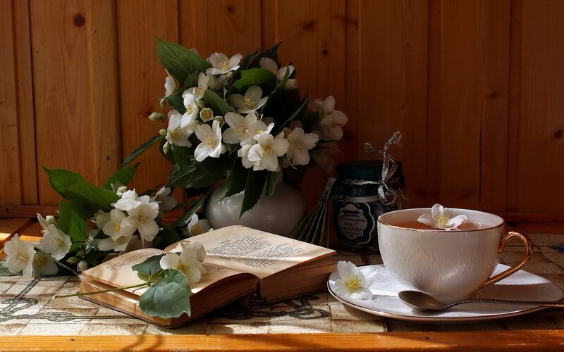 Tea with jasmine and a book