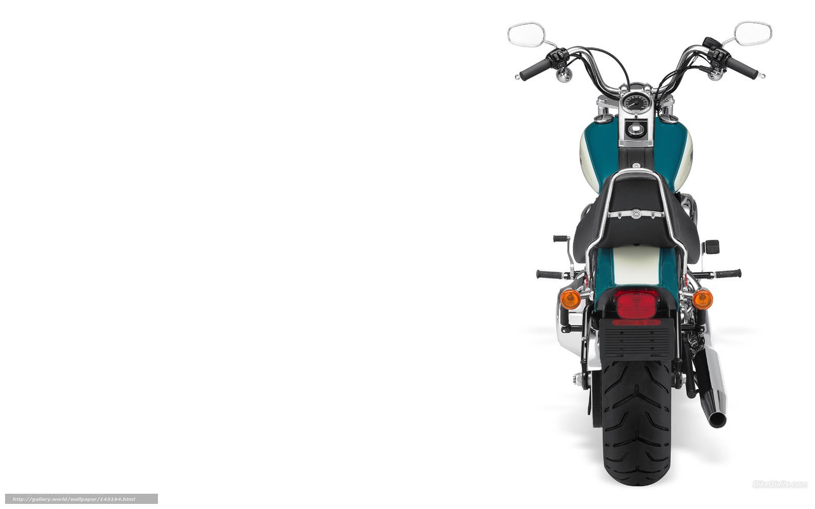 teal and white motorcycle rear view