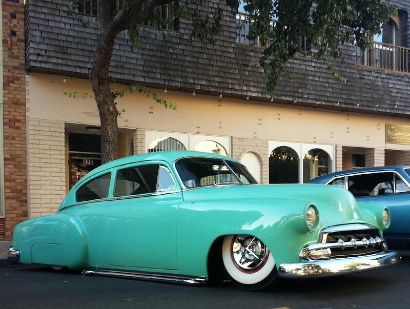Teal Classic Car — Calm, Afternoon, Photograph, Building, Tree