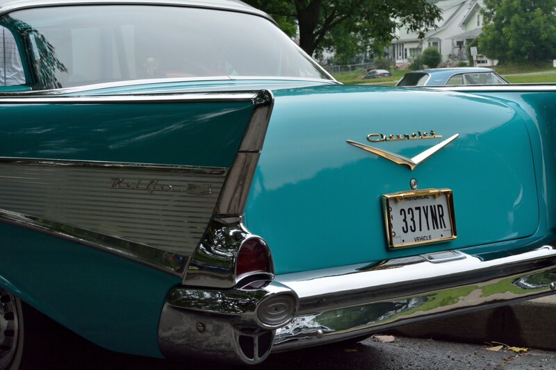 Teal Classic Car — Calm, Afternoon, Photograph, License Plate