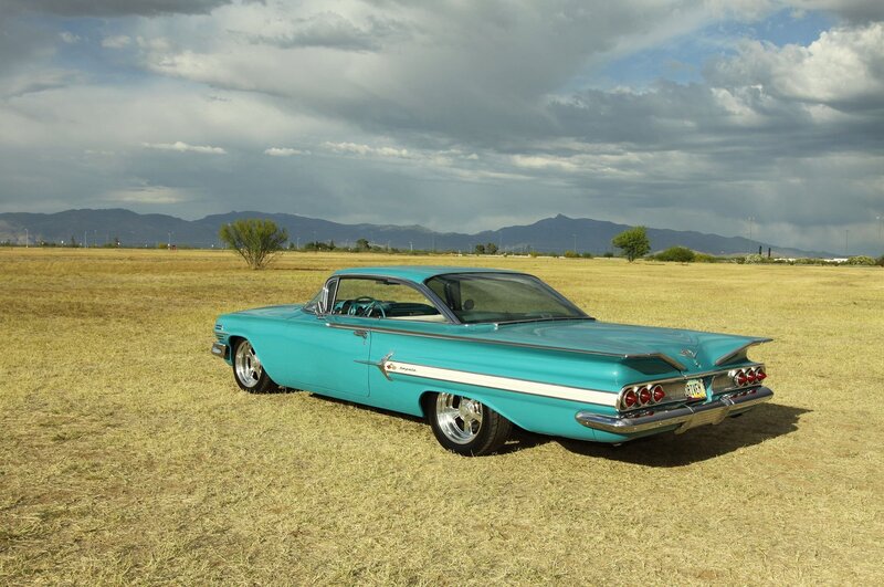 Teal Classic Car — Dramatic, Afternoon, Photograph, Field