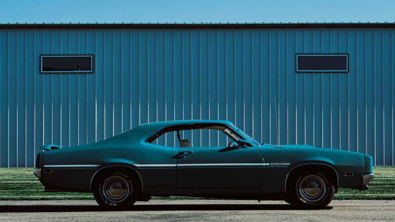 Teal Classic Muscle Car — Dramatic, Afternoon