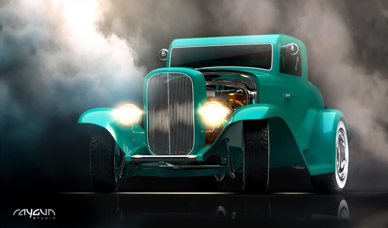 Teal Hot Rod Car — Dramatic, Night