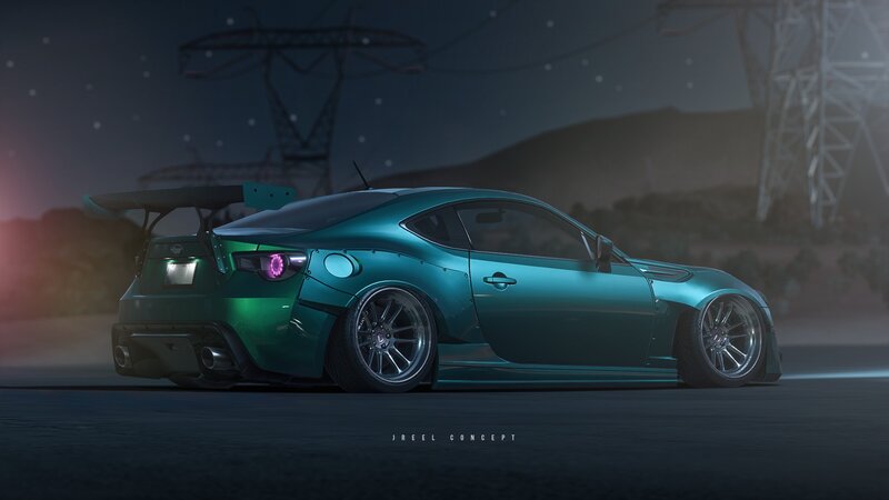 Teal Sports Car — Dramatic, Night, Digital Art, Tall Towers