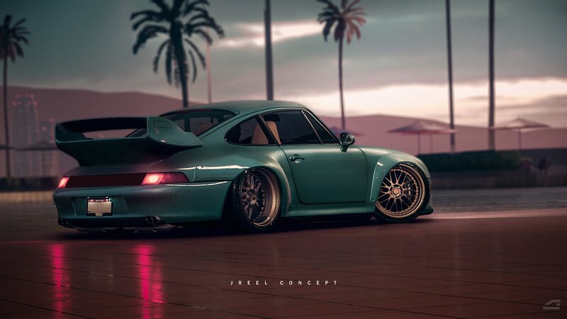 Teal Sports Car — Dramatic, Sunset