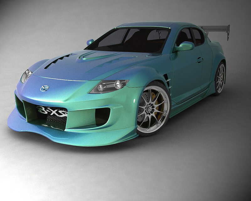 teal sports car with racing modifications
