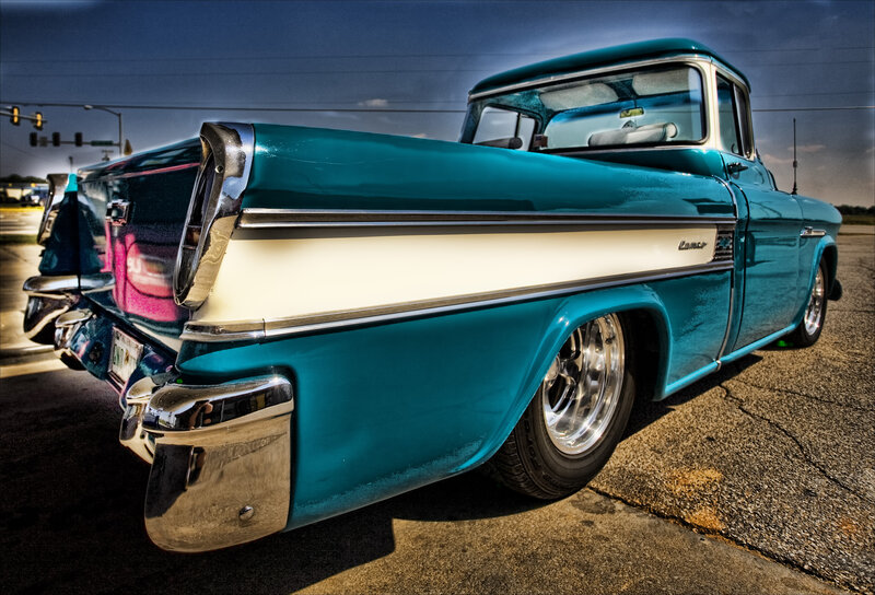 Teal Vintage Pickup Truck — Dramatic, Sunset