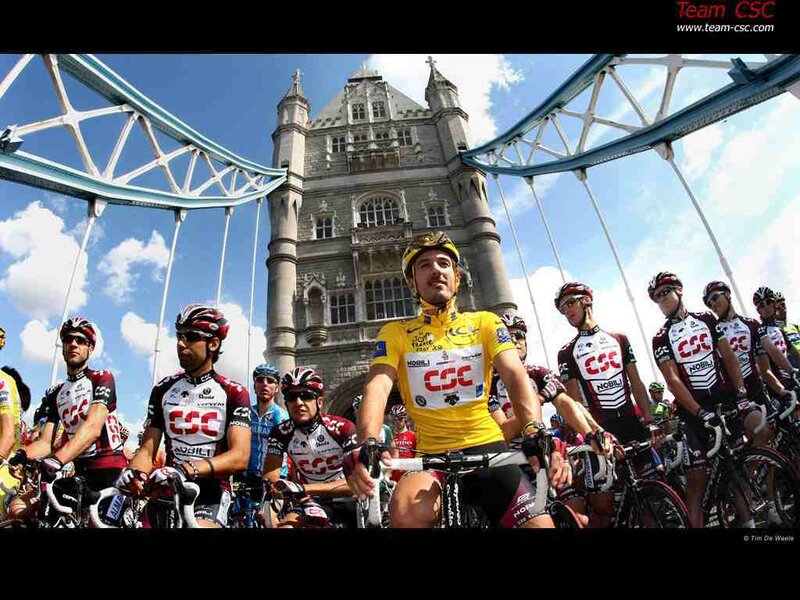Team CSC cyclists on Tower Bridge