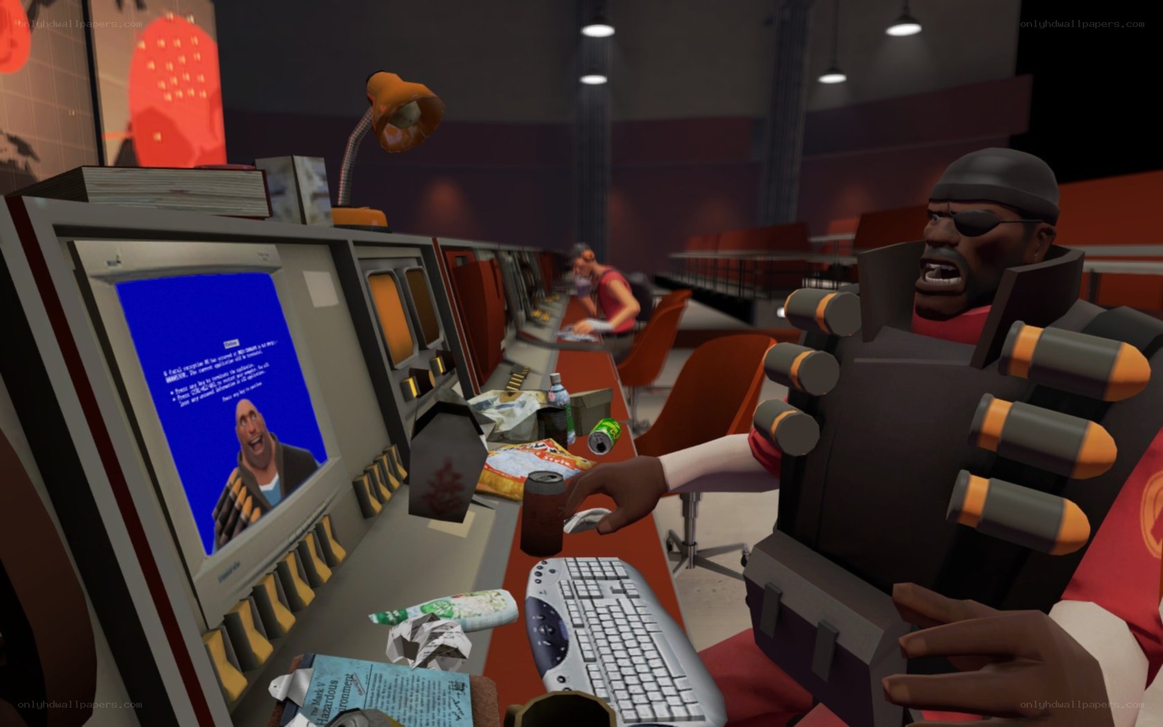 Team Fortress 2 character at computer