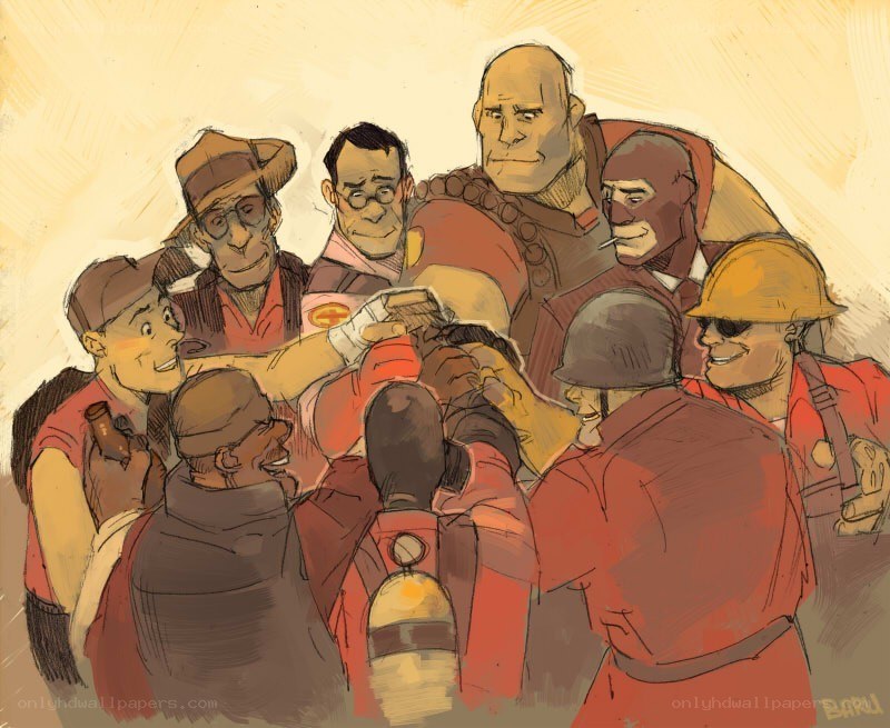 Team Fortress 2 characters huddle