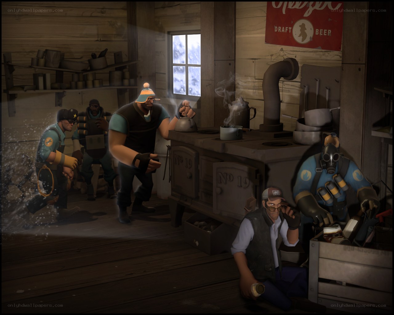 Team Fortress 2 characters in a cabin