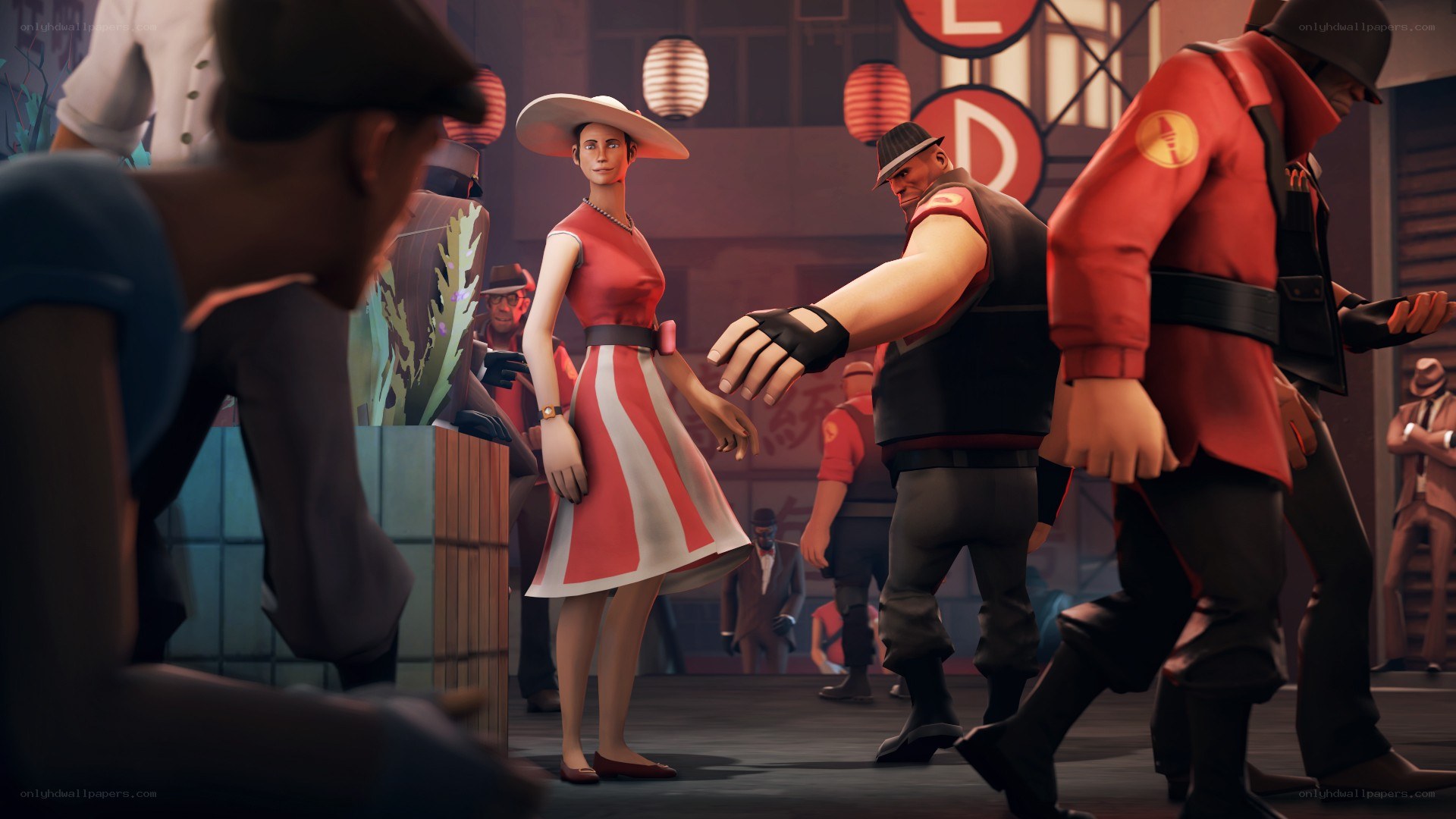 Team Fortress 2 characters in a city