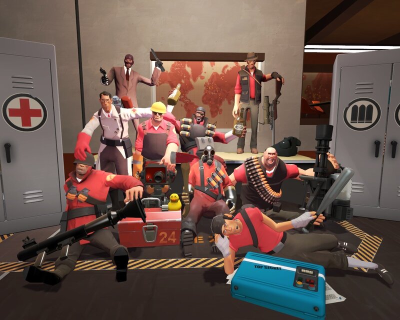 Team Fortress 2 characters in a locker room