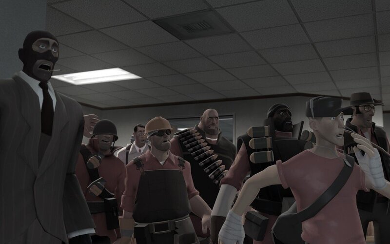 Team Fortress 2 characters in hallway