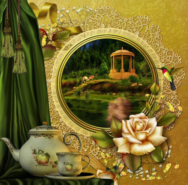 Teapot and Cup on Green Cloth