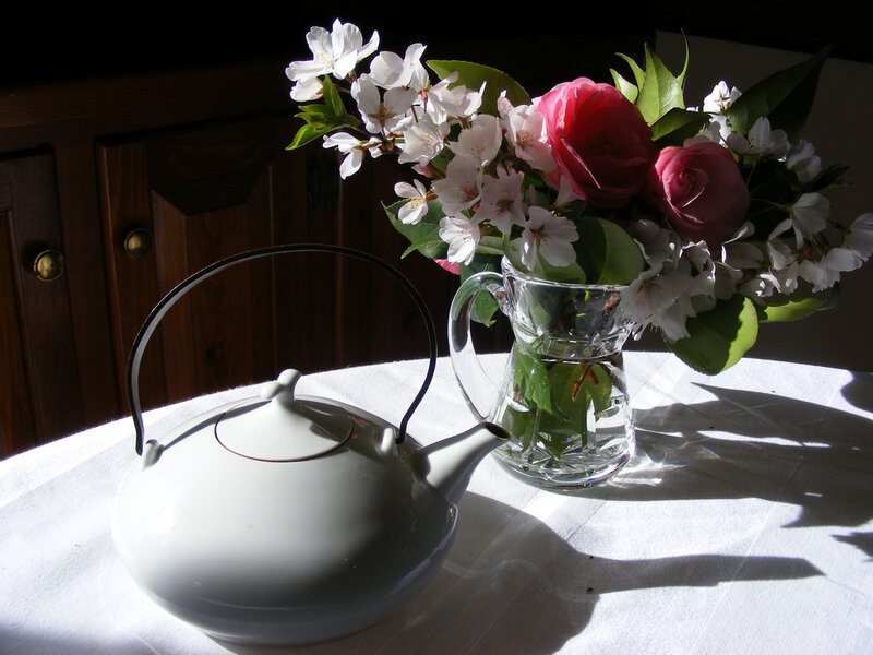 Teapot and Flowers — White