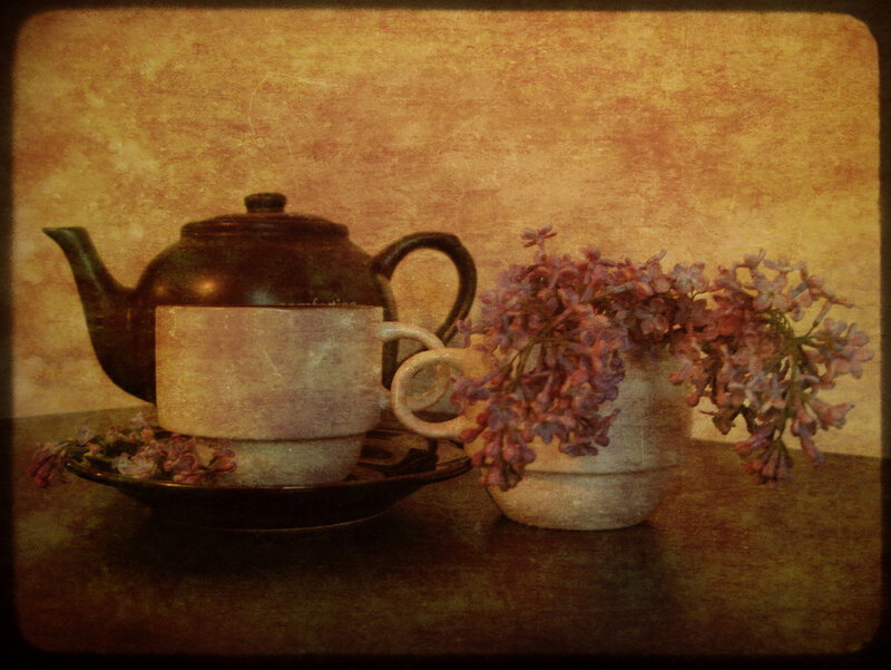 Teapot and Lilac Flowers