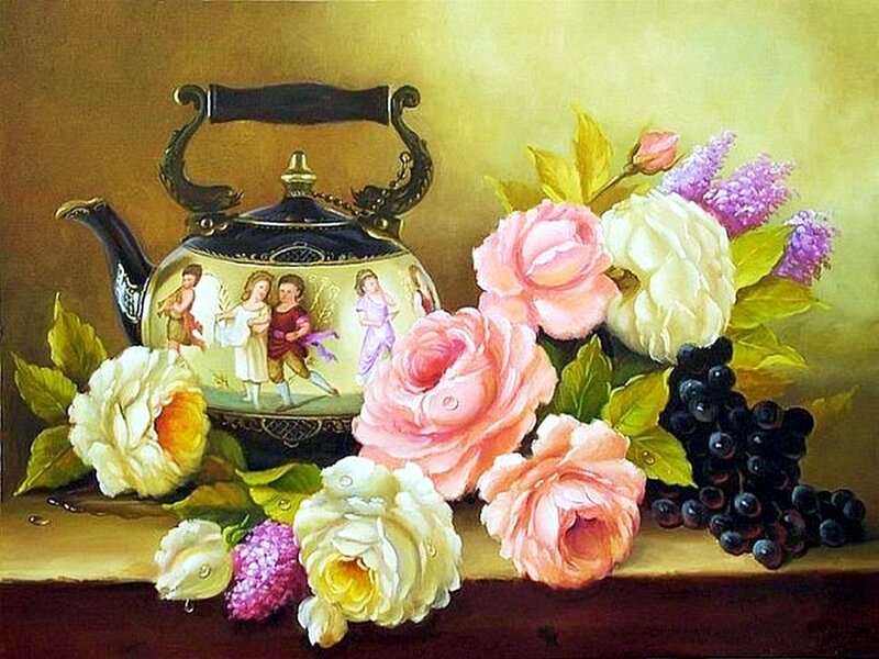 Teapot with Flowers and Grapes