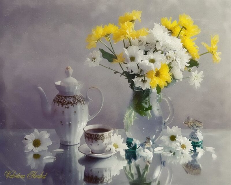 Teapot with Flowers — White, Serene, Painting