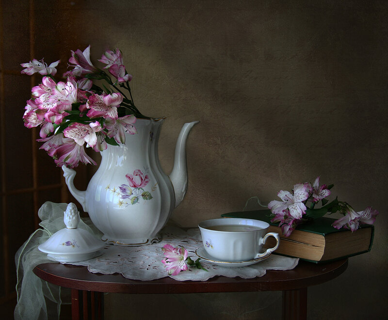 Teapot with Flowers — White, Serene, Photograph