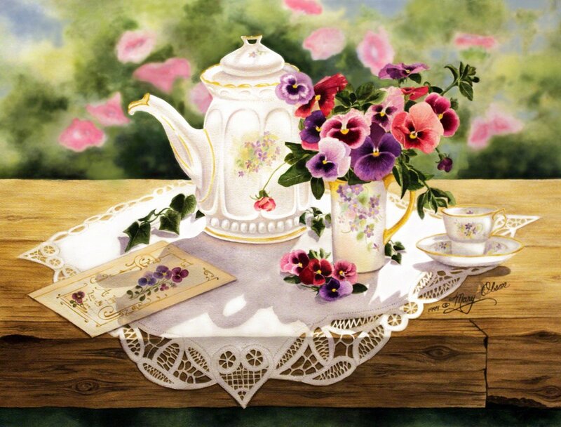 Teapot with Flowers — White, Serene, Spring