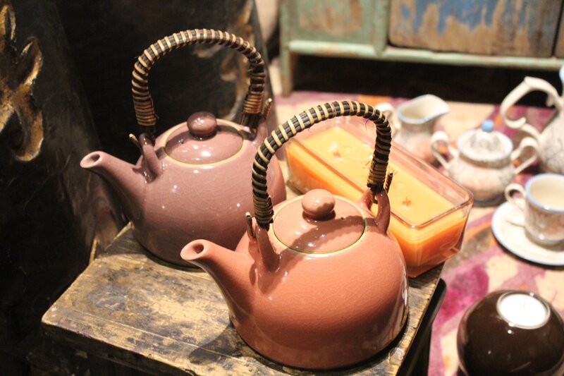 Teapots and candle display