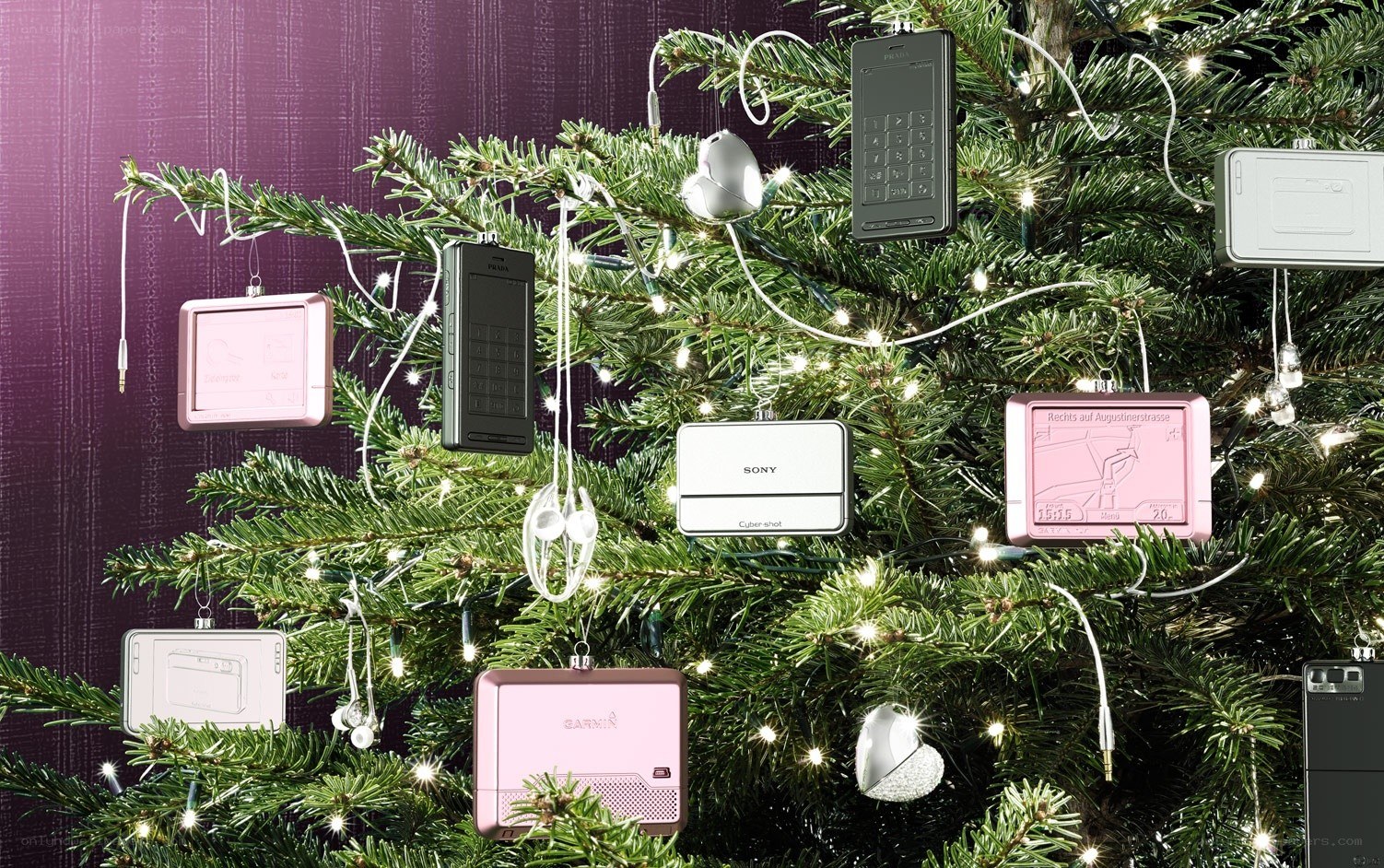 Tech ornaments on a Christmas tree