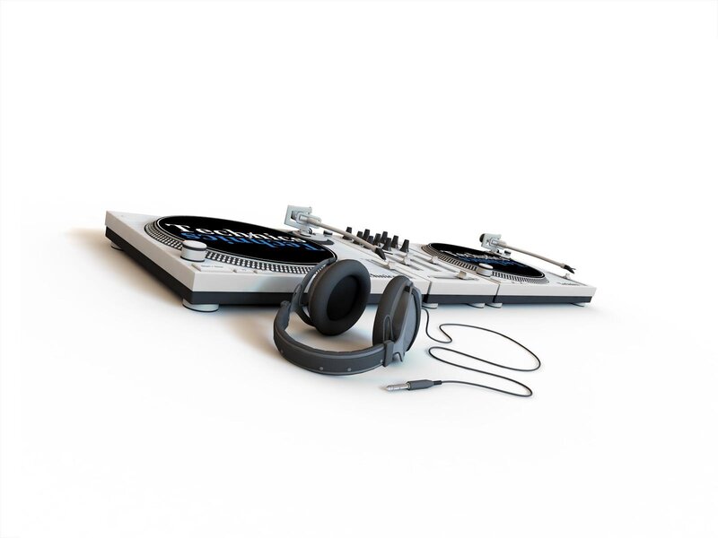 Technics Turntables and Headphones — White, Neutral, 3d Render, Mixer