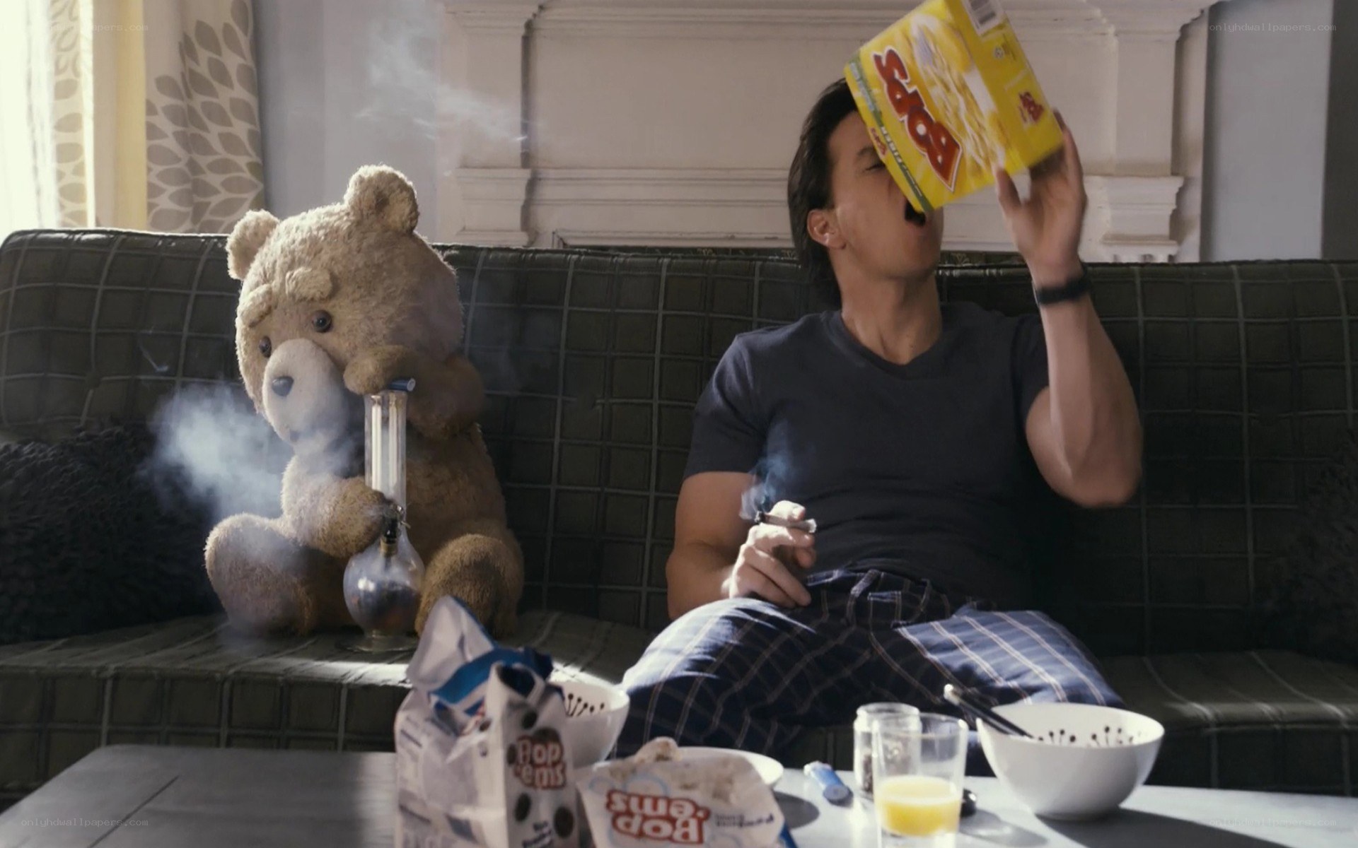 Ted and John on a couch