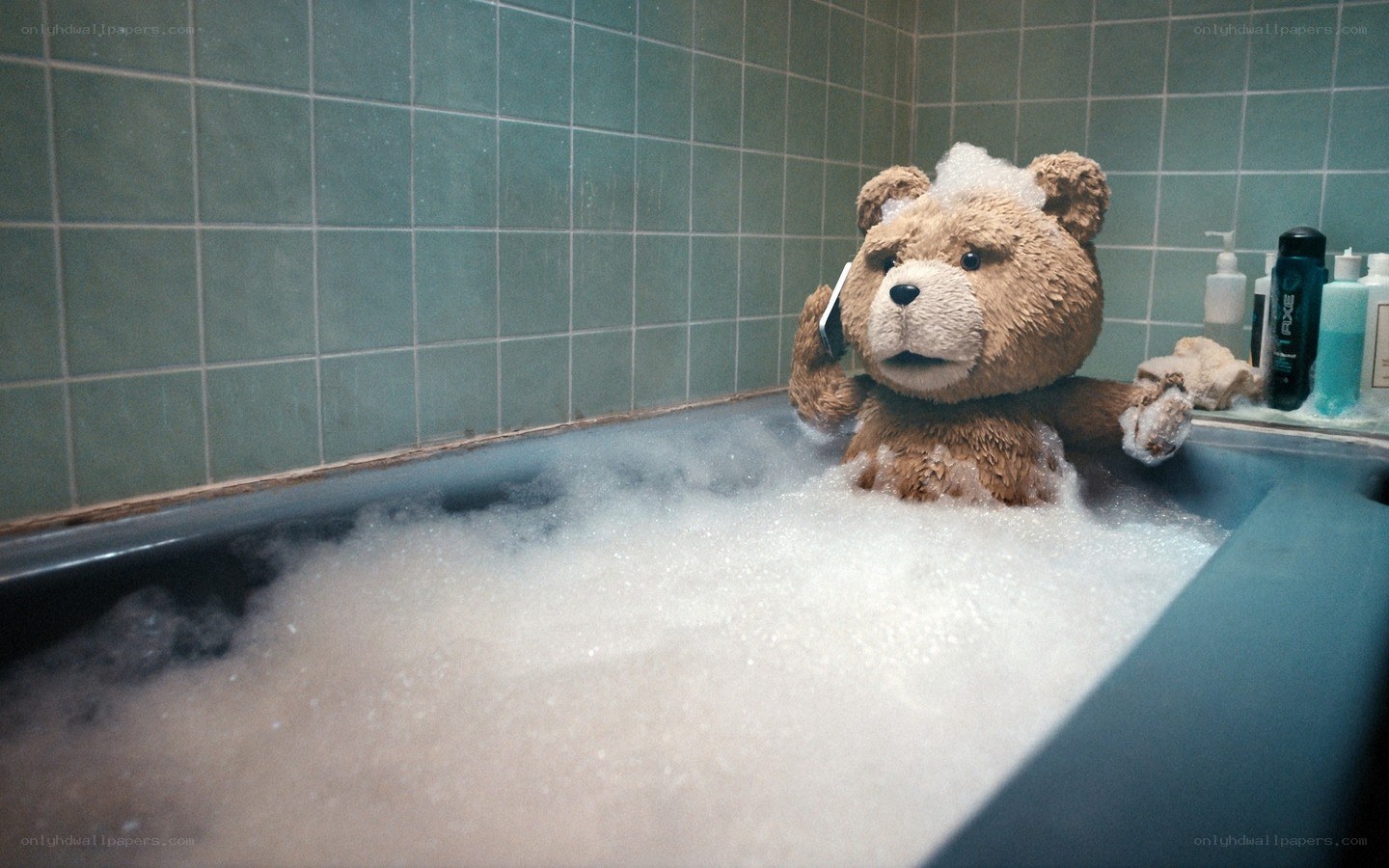 Ted in a bubble bath