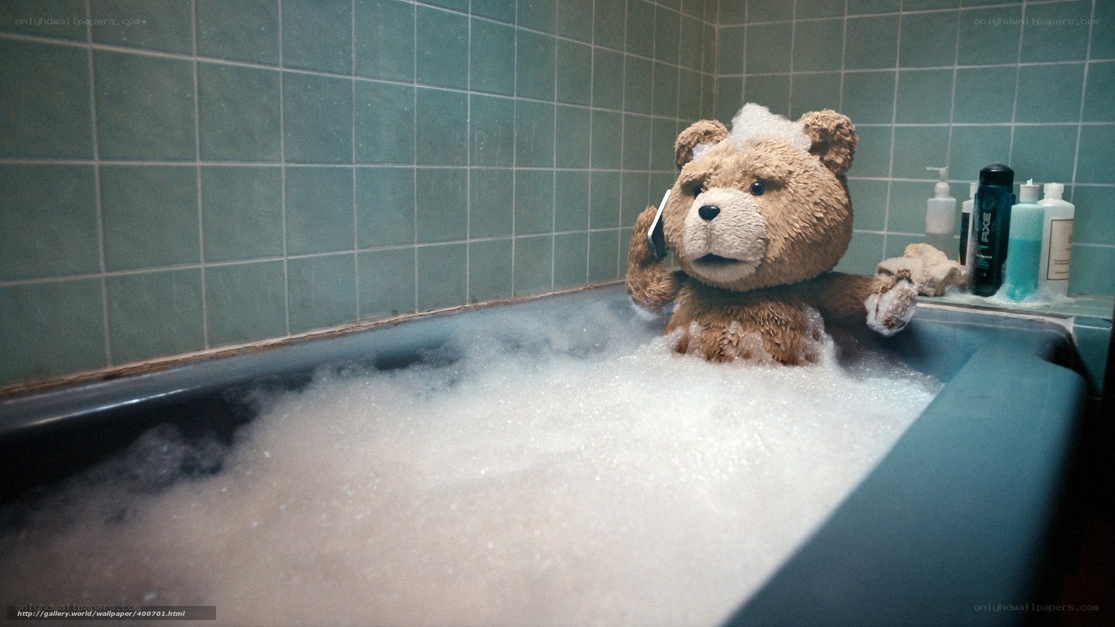 Ted the bear in a bubble bath