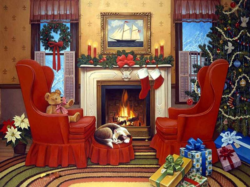 Teddy Bear and Cat in Living Room