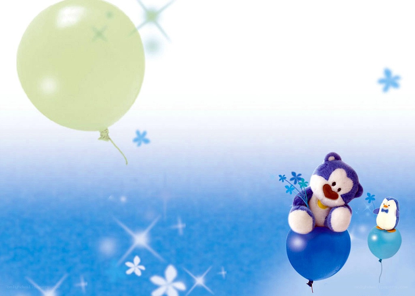 teddy bear and penguin with balloons