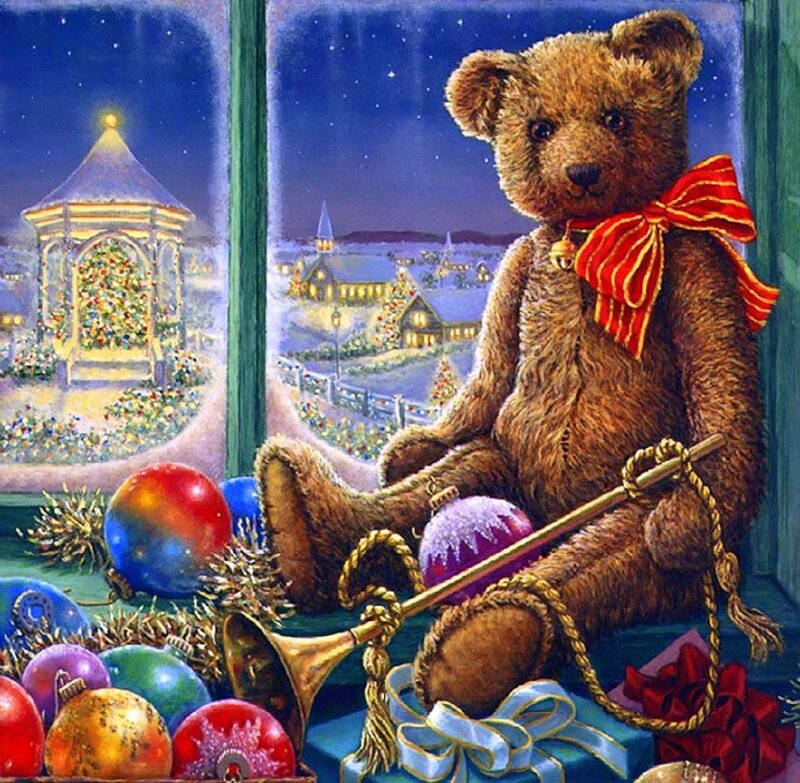 Teddy Bear by Window — Brown, Festive