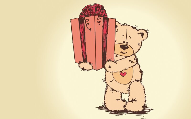 Teddy Bear Holding Gift — Beige, Happy