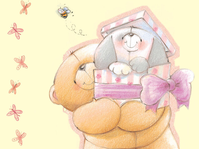Teddy Bear Holding Gift — Yellow, Cheerful