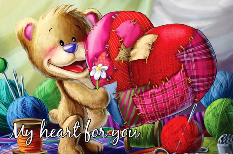Teddy Bear Holding Heart — Red, Happy