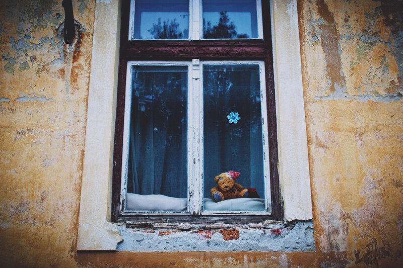 Teddy bear in a window