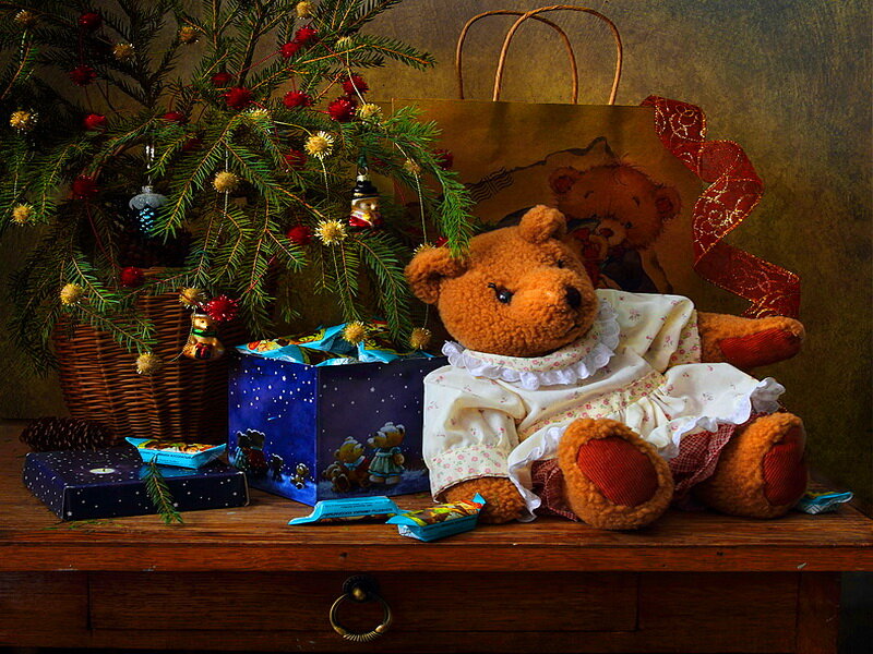 Teddy Bear in Dress — Brown, Festive