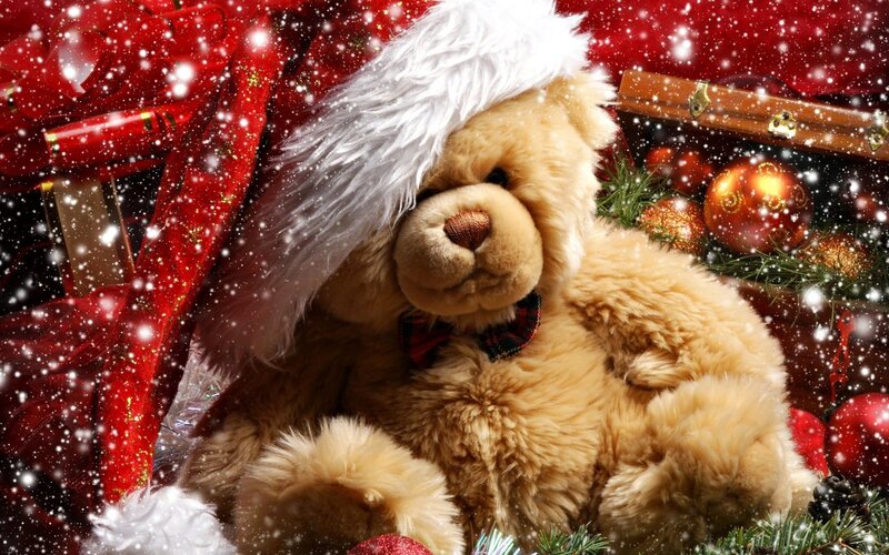 Teddy Bear in Santa Hat — Red, Festive, Winter, Photograph, Snow, Ornaments