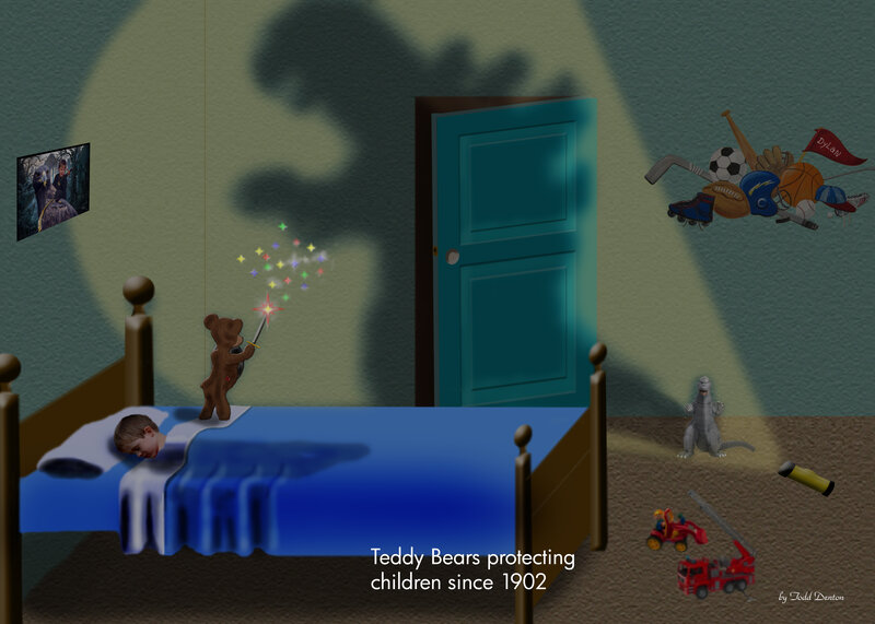 Teddy Bear on Bed — Blue