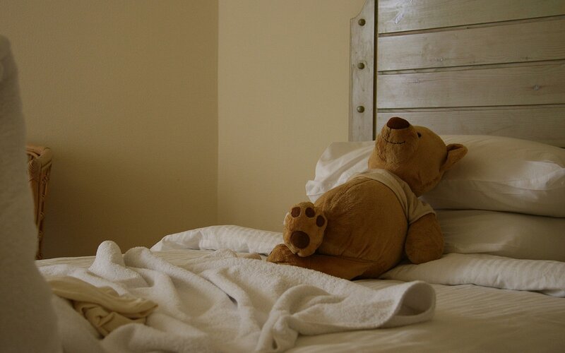 Teddy Bear on Bed — Brown