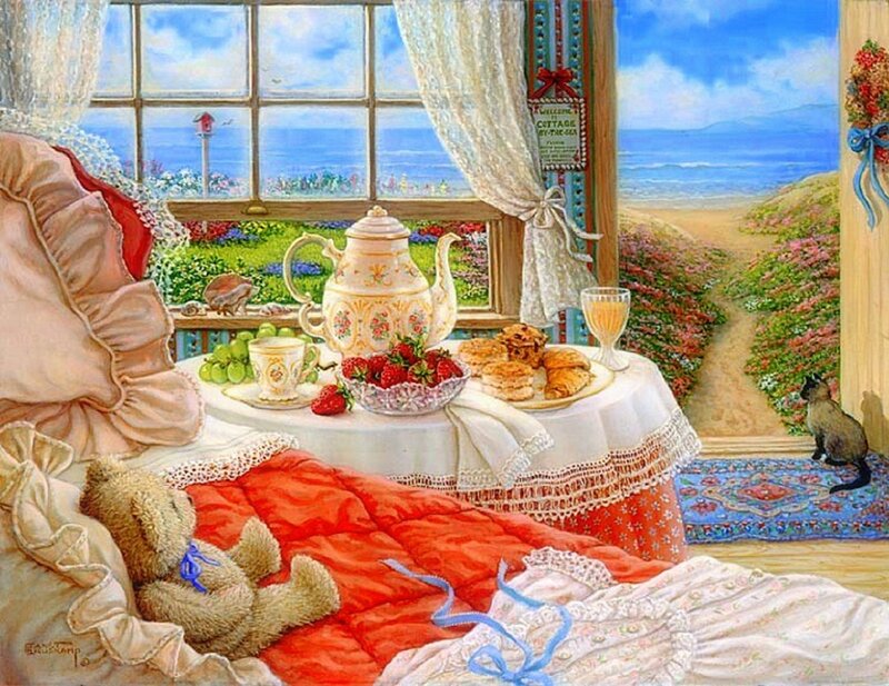 Teddy Bear on Bed — Red, Serene