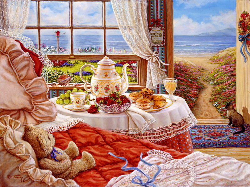 Teddy Bear on Bed — Red