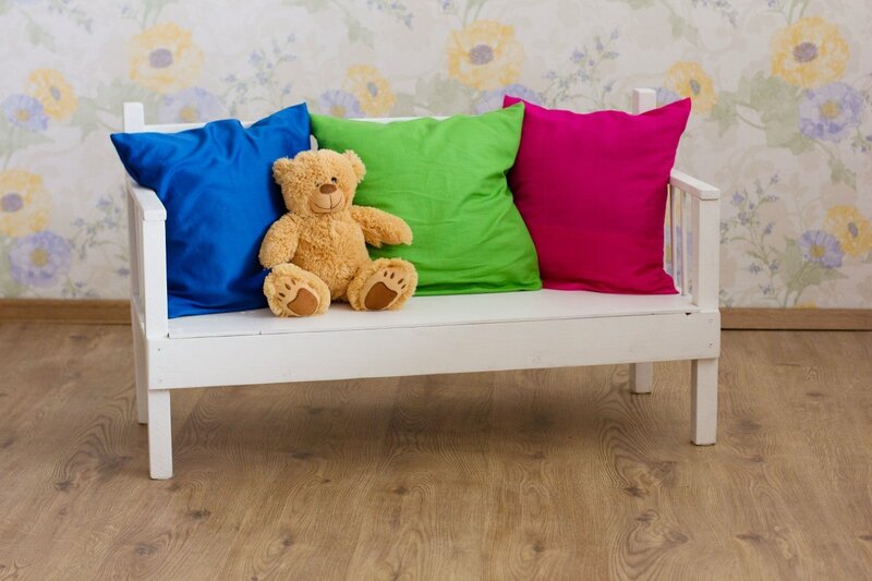 Teddy Bear on Bench — White