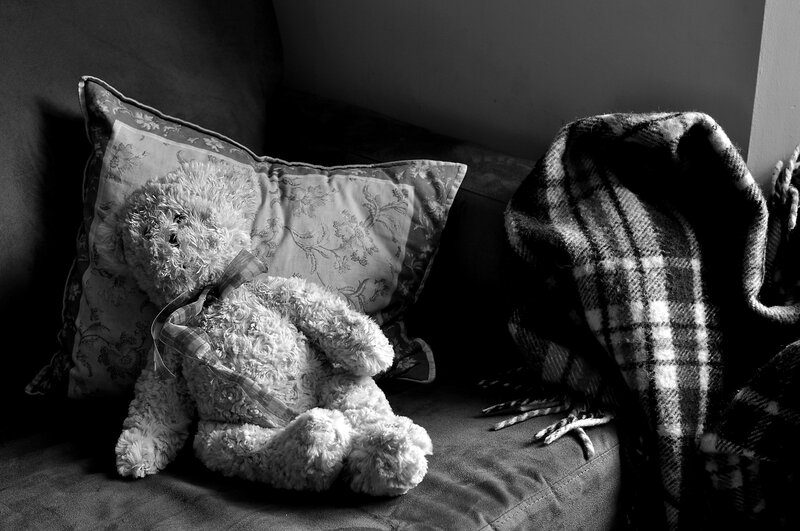 Teddy Bear on Couch — Black, Dramatic