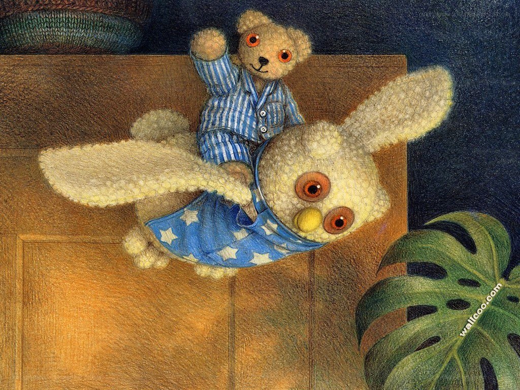 Teddy bear on flying rabbit